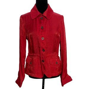 Linear womens M Jacket‎ Button Down Shirt Red Shimmer Long Sl Pockets Cute Work